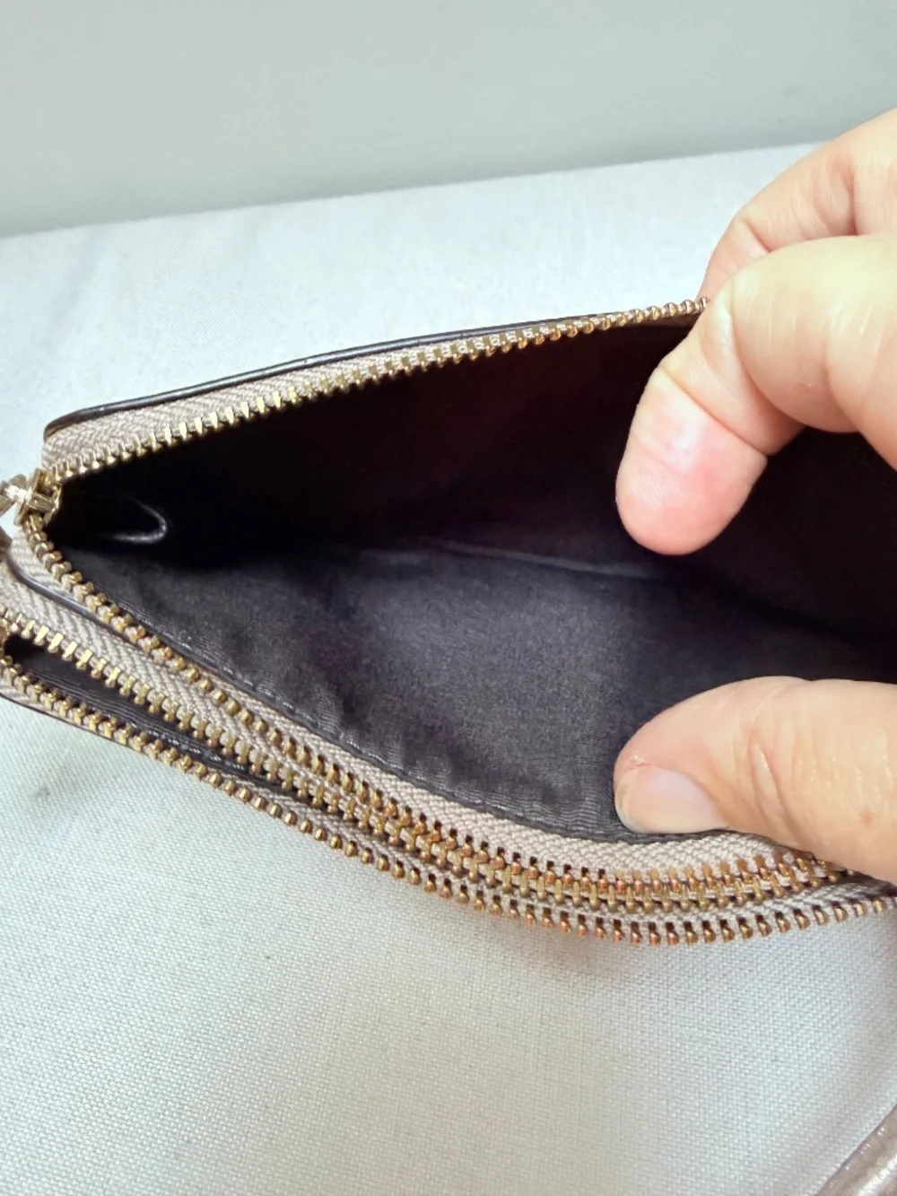 Coach Double Zip Wristlet Metallic Rose Gold